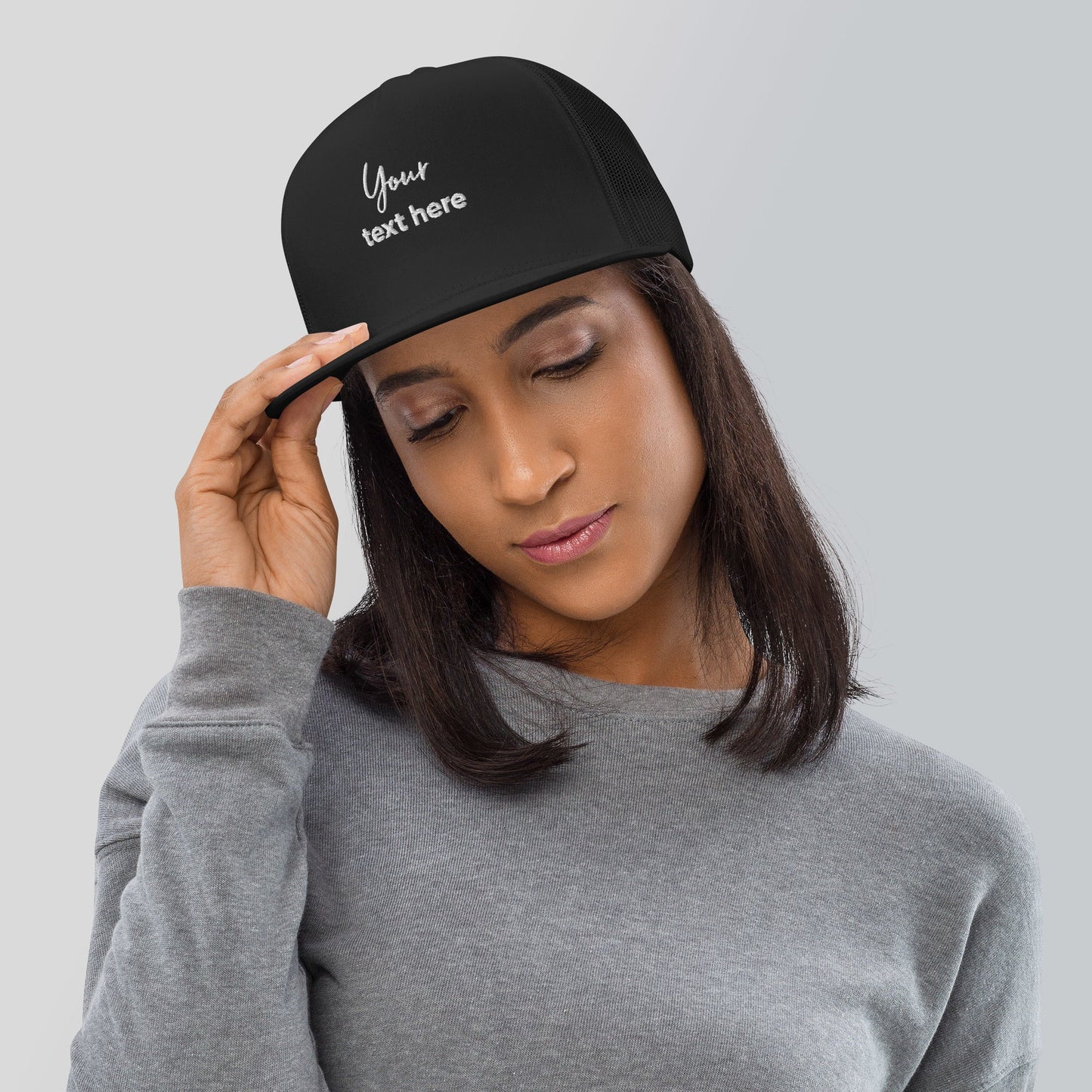 Embroidered custom 5 panel trucker cap - black - embroidered custom 5 panel trucker cap