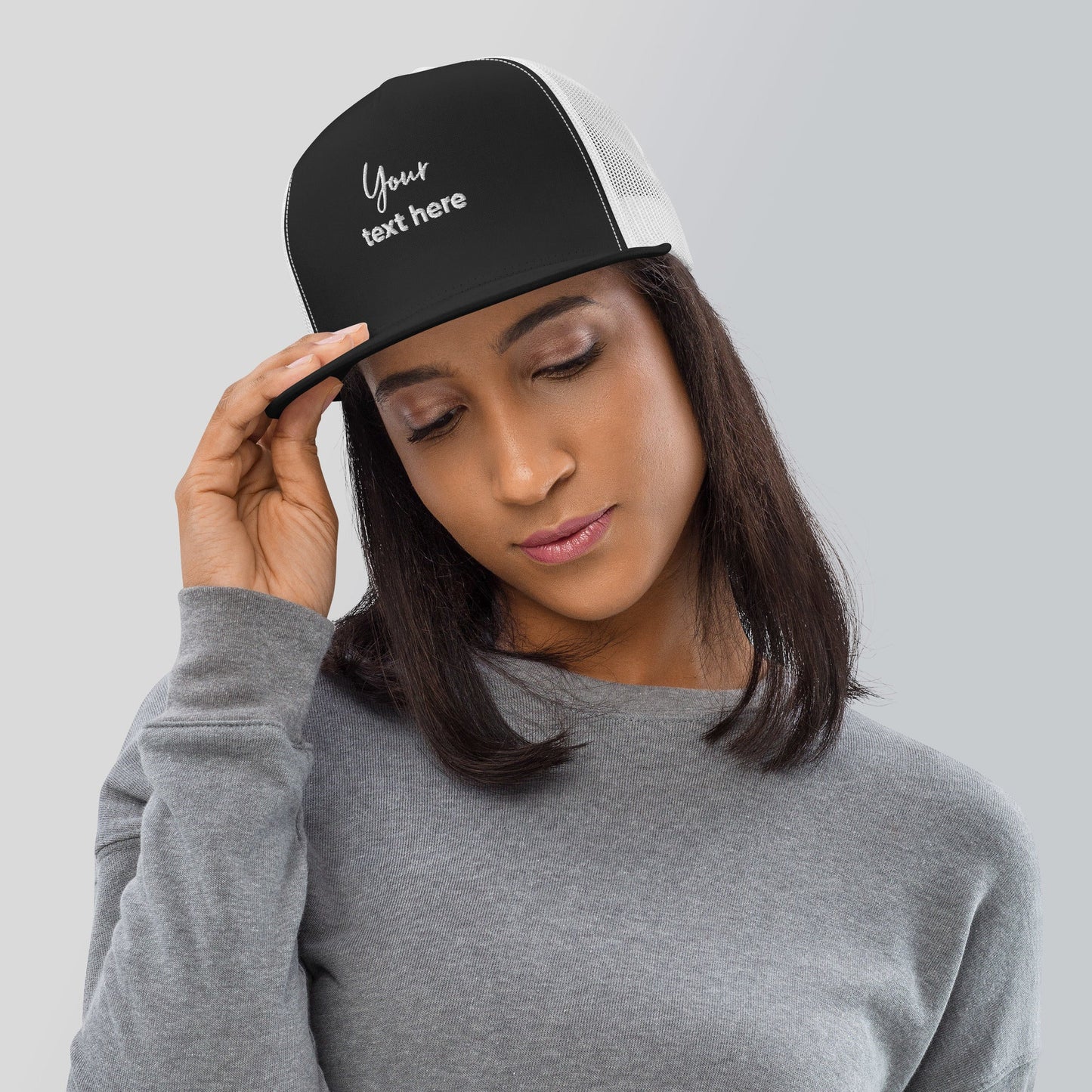 Embroidered custom 5 panel trucker cap - black/ white - embroidered custom 5 panel trucker cap