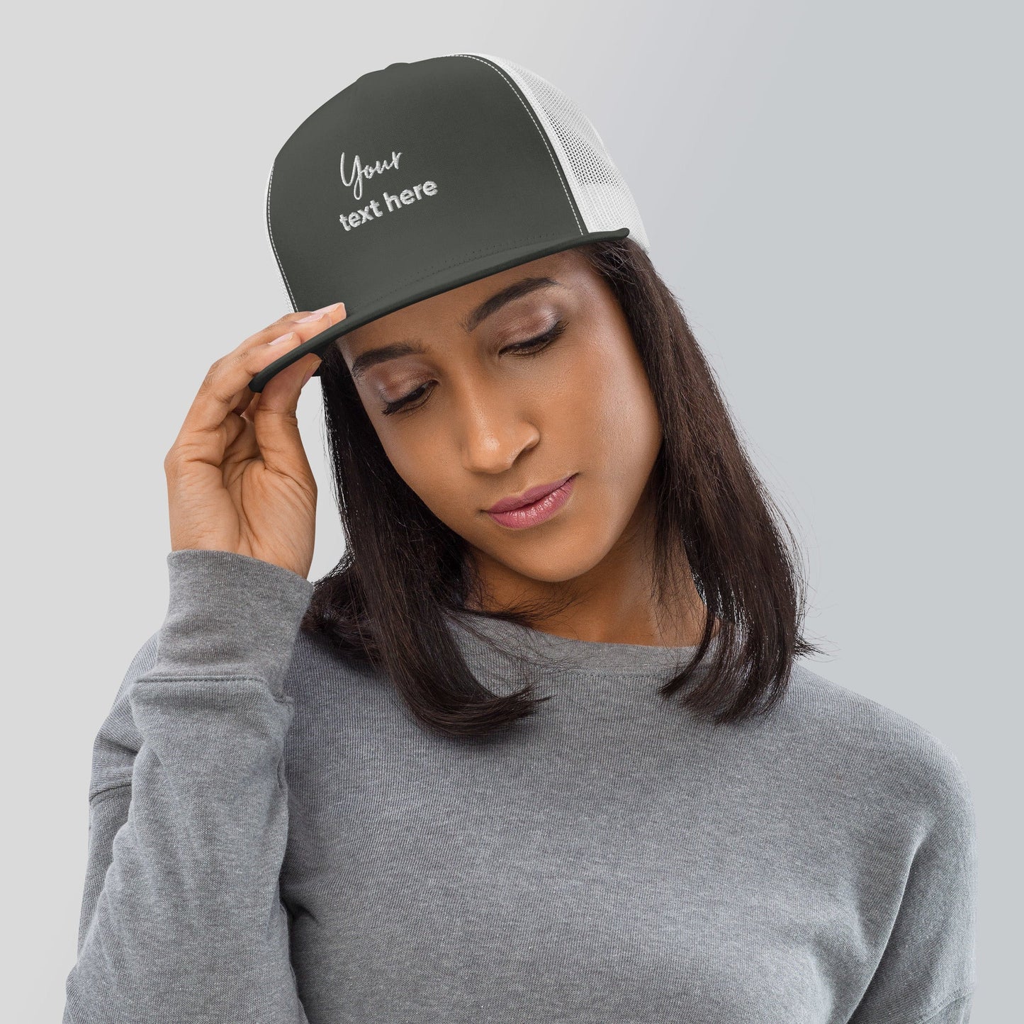 Embroidered custom 5 panel trucker cap - charcoal/ white - embroidered custom 5 panel trucker cap