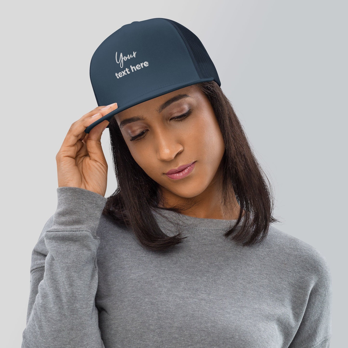 Embroidered custom 5 panel trucker cap - navy - embroidered custom 5 panel trucker cap