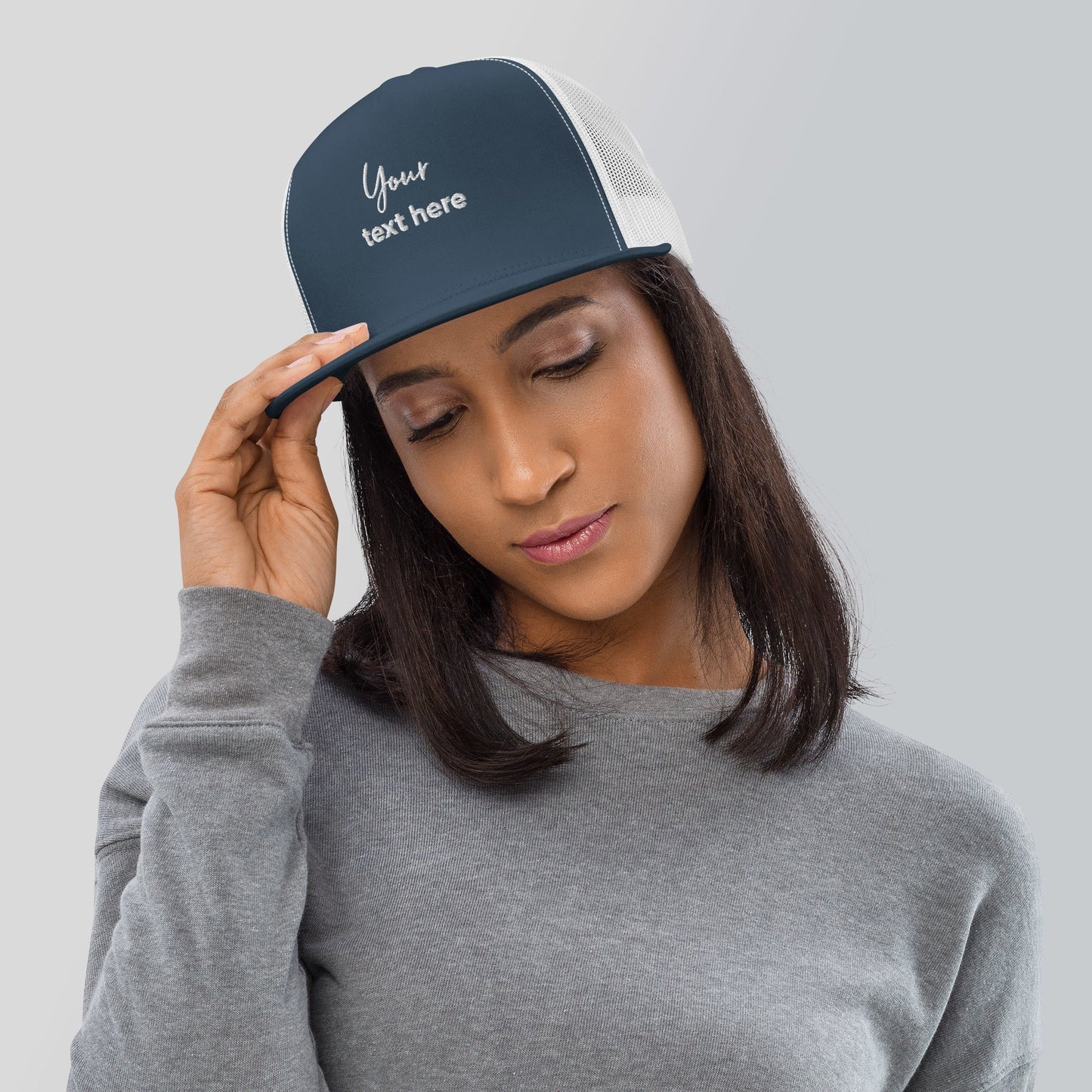 Embroidered custom 5 panel trucker cap - navy/ white - embroidered custom 5 panel trucker cap