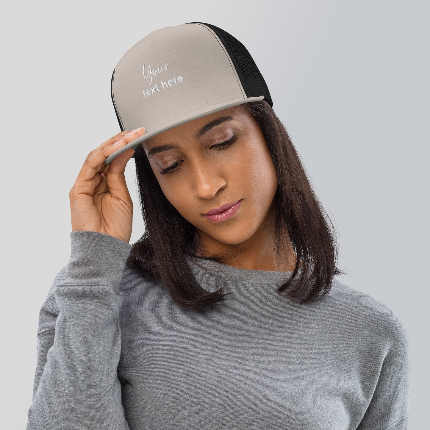Embroidered custom 5 panel trucker cap - silver/ black - embroidered custom 5 panel trucker cap