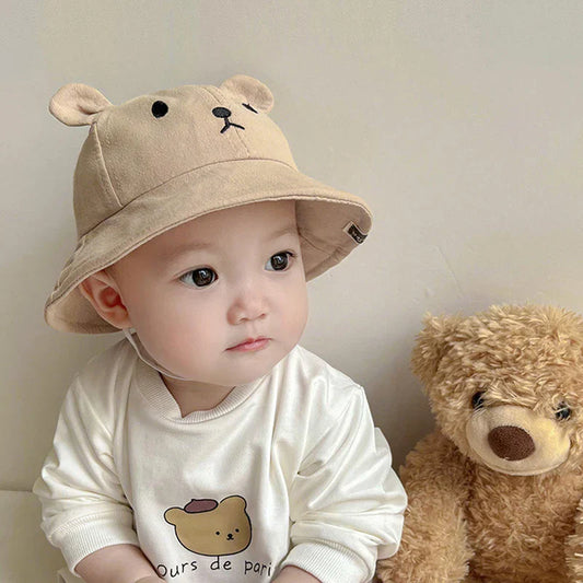 Baby cotton bucket hat with cute bear design - sun protection for 3-18 months - kids hats