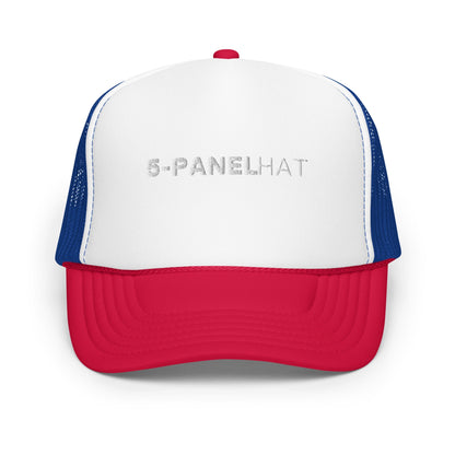 Embroidered foam 5-panel trucker hat - white / royal / red - trucker hats